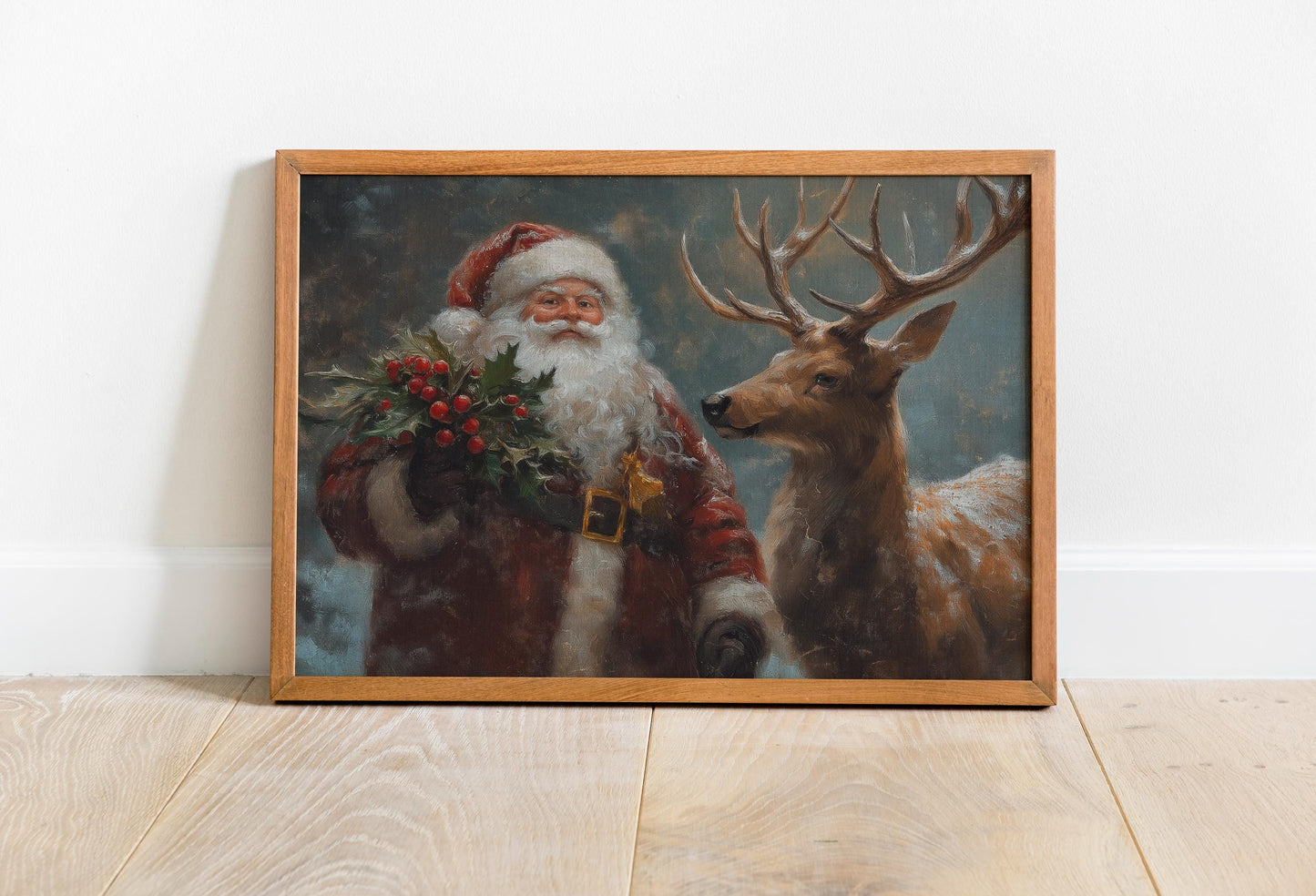 Wandbild Weihnachtsmann mit Tieren, Weihnachtsmann- & Weihnachtsdekor-Kunst – Frohe Weihnachten, Weihnachtsgeschenk, gerahmter Weihnachtsmann