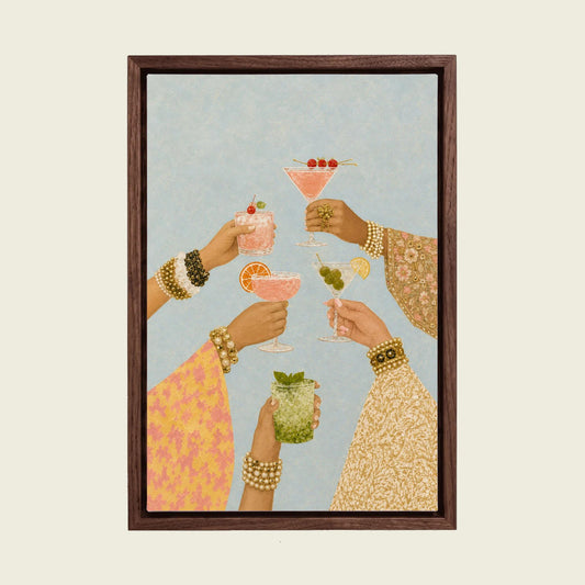 Cocktail Party Cheers canvas wall art in a floating walnut frame