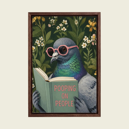 Pigeon Reading a Book canvas wall art in a floating walnut frame