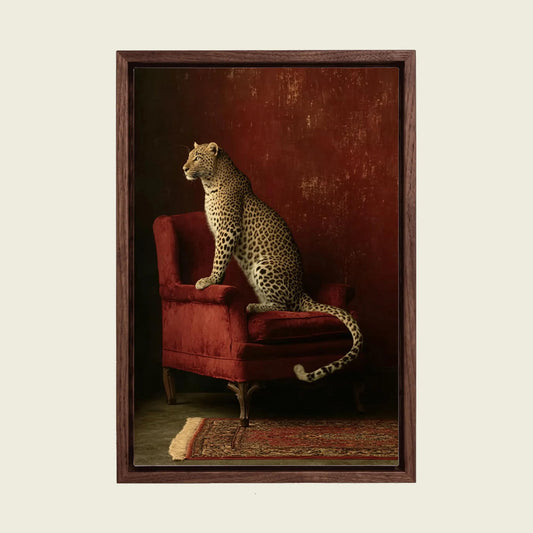 Leopard on a Red Chair canvas wall art in a floating walnut frame