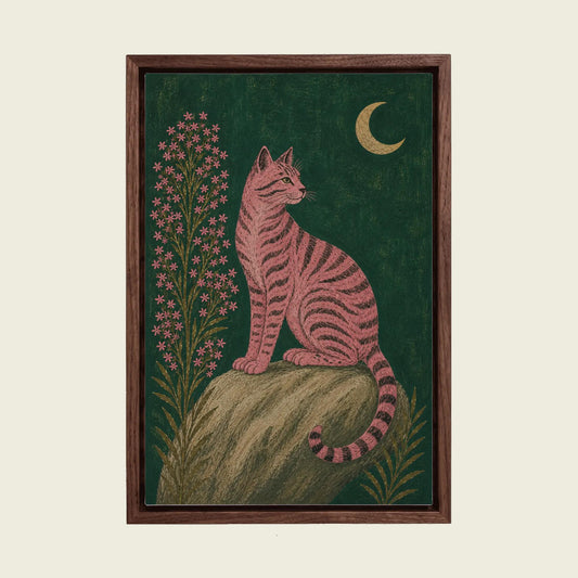 Pink Black Cat Under a Crescent Moon canvas wall art in a floating walnut frame