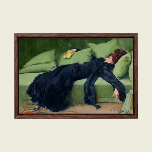 Decadent Young Woman by Ramon Casas canvas wall art in a floating walnut frame