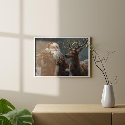 Wandbild Weihnachtsmann mit Tieren, Weihnachtsmann- & Weihnachtsdekor-Kunst – Frohe Weihnachten, Weihnachtsgeschenk, gerahmter Weihnachtsmann