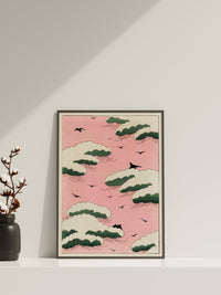 Pink sky illustration Canvas Wall Art, Japanese Wall Art, Clouds Poster, Pink Cool Poster, Gift For Her
