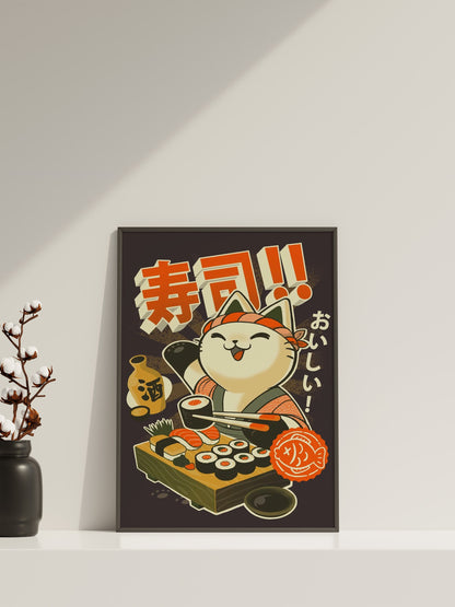Sushi Katze Leinwand Wandkunst, Moderne Kunst Poster, Gerahmte Leinwand, Japanische Kunst Leinwand Wandkunst, Japanische Kunst Poster, Japanisches Süßes Katzen Poster