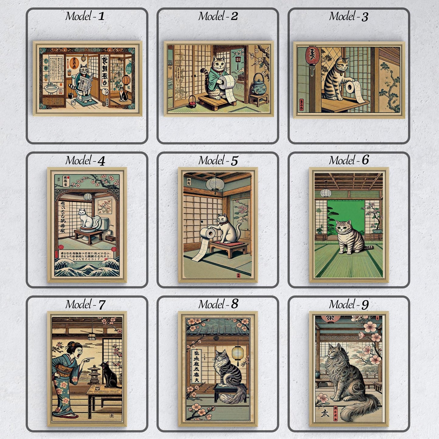 Lustiges Ukiyo-e Katzen-Badezimmer-Poster – Amerikanisches Tier-Design