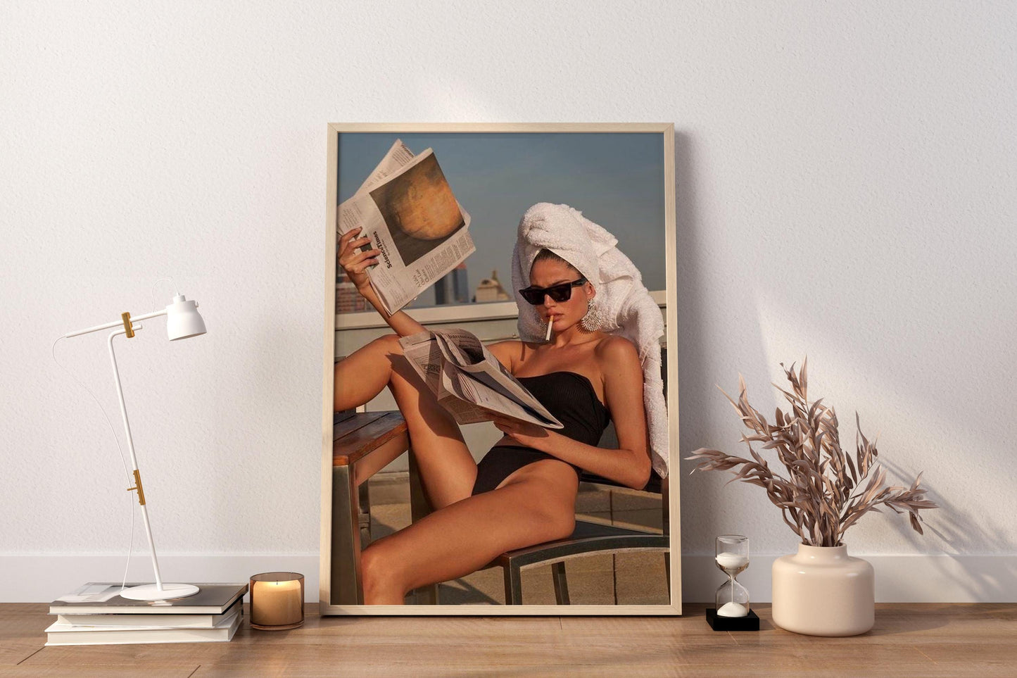 Chic Rooftop Woman Reading Newspaper Poster | Fashion Editorial Style Wall Art Print