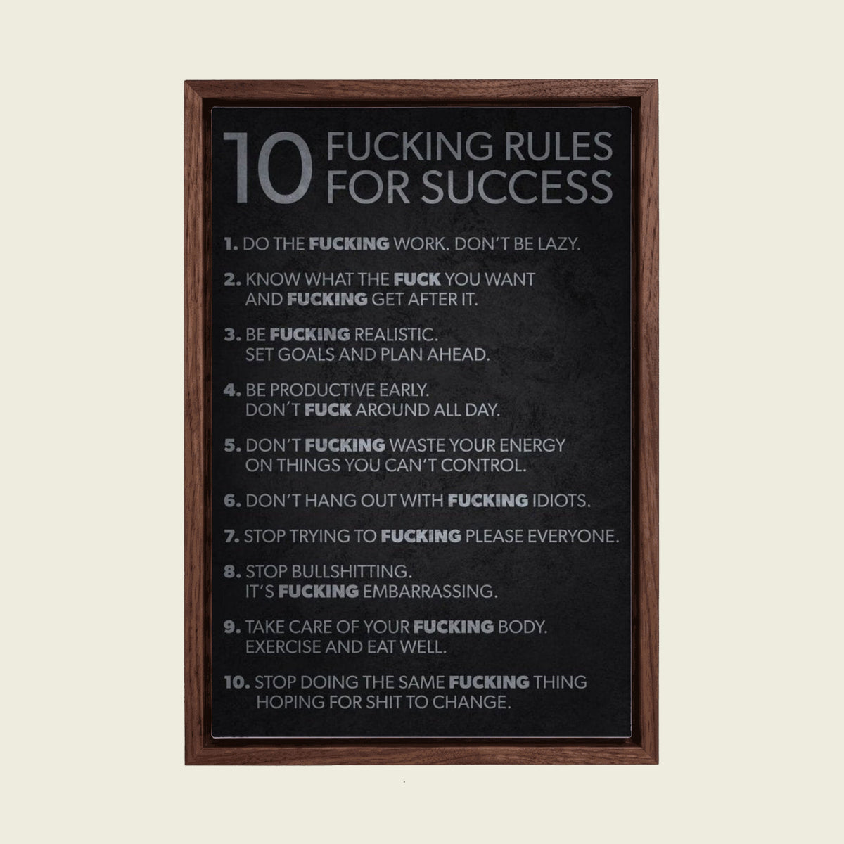 10 Rules for Success canvas wall art in a floating walnut frame
