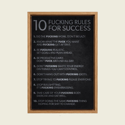 Rules for Success canvas wall art in a floating oak frame
