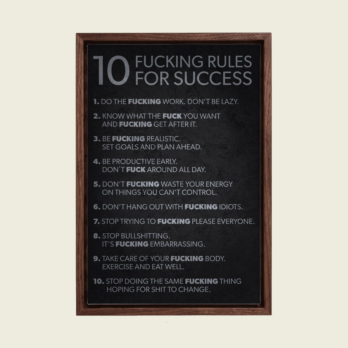 Rules for Success canvas wall art in a floating walnut frame