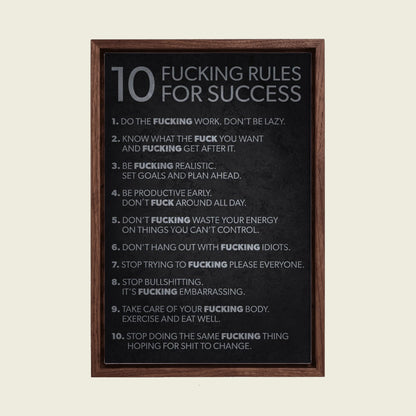Rules for Success canvas wall art in a floating walnut frame
