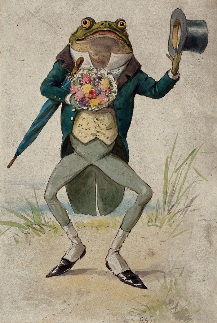 A toad in morning dress, holding an umbrella and a bunch of flowers.