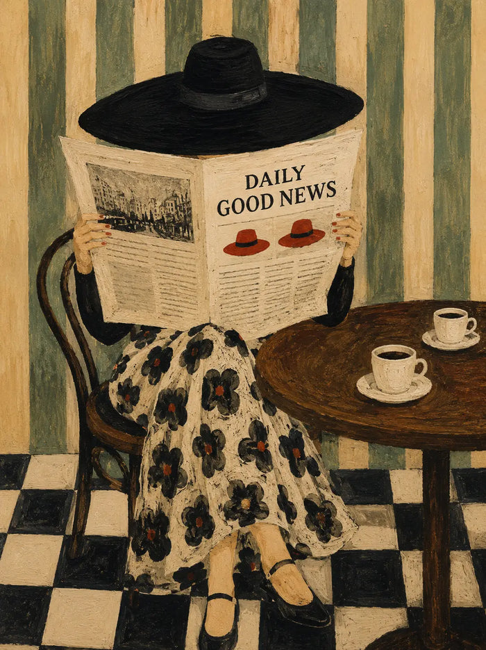 Daily Good News Café Art Print, Whimsical Naive Wall Art