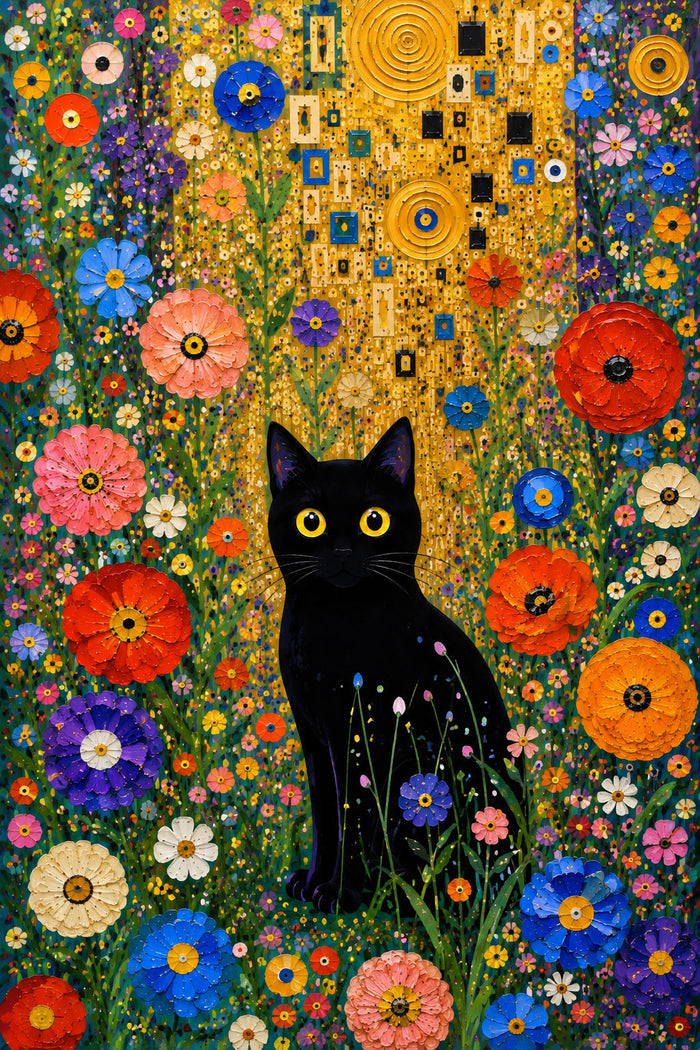 Black Cat in Wildflower Garden