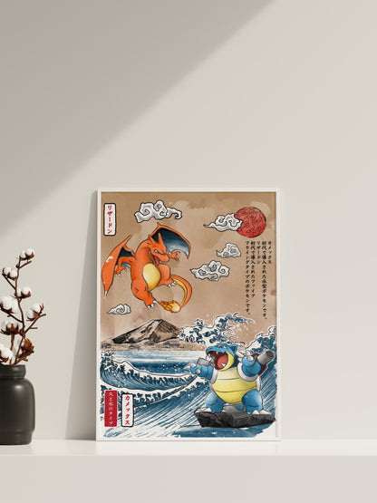 Anime Leinwandbilder, Glurak Leinwandbilder, Glurak vs. Turtok Wandposter, Vintage Anime Poster, Gerahmtes Anime Poster
