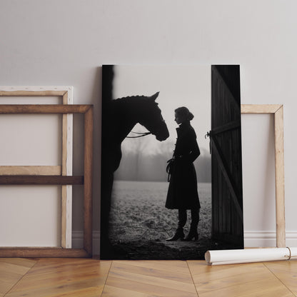Black and White Equestrian Woman with Horse | Minimalist Stable Wall Art Print