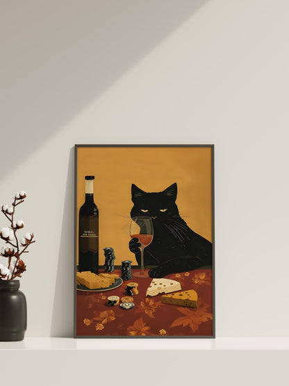 Black Cat Wine and Cheese Poster | Lustiger Poker Küchen Wand Kunstdruck