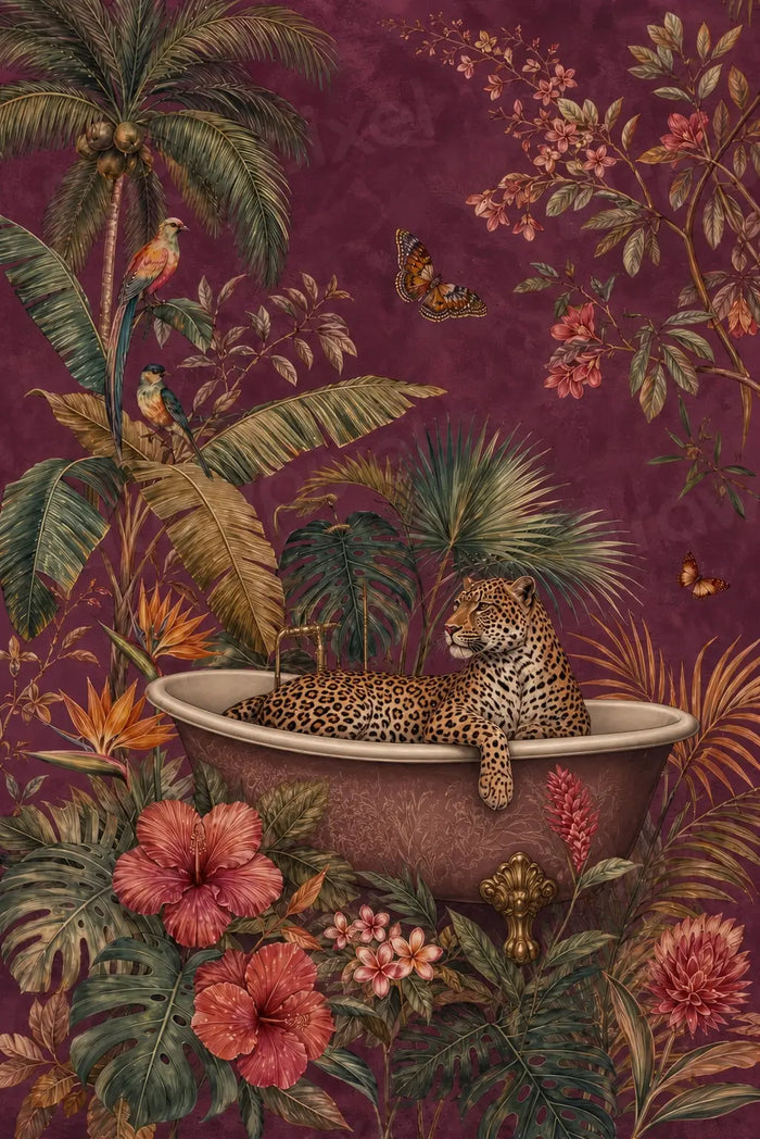Leopard in Bathtub Tropical Jungle Wall Art