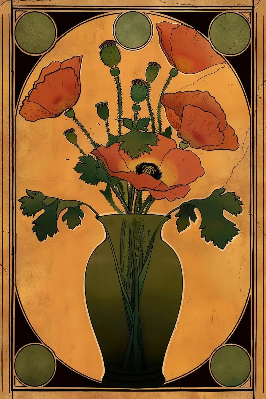 Art Nouveau Floral Vase Print, Orange Olive Green Art