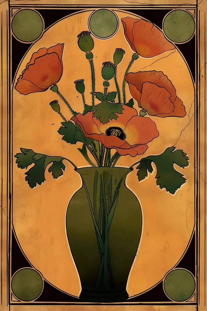 Art Nouveau Floral Vase Print, Orange Olive Green Art