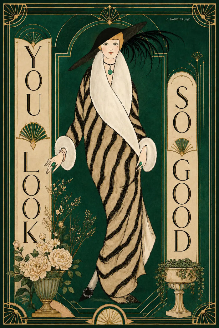 You Look So Good Fashion Wall Art, Vintage Art Nouveau Poster, Emerald Green Edwardian Woman Wall Art, Feminist Bathroom Decor