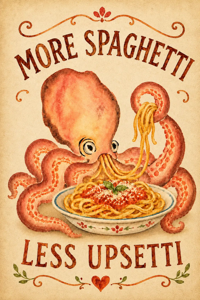 More Spaghetti Less Upsetti Wall Art, Funny Octopus Canvas, Vintage Pasta Kitchen Decor, Italian Food Poster, Pasta Lover Gift
