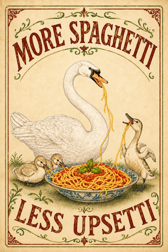 More Spaghetti Less Upsetti Canvas, Vintage Duck Kitchen Wall Art, Funny Italian Pasta Poster, Whimsical Swan Dining Room Decor