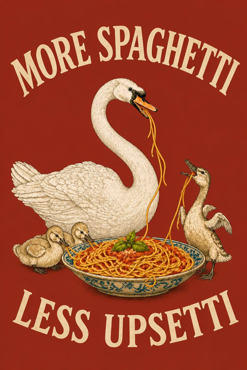 More Spaghetti Less Upsetti Canvas, Funny Duck Family Kitchen Wall Art, Bold Red Pasta Poster, Playful Dining Room Decor