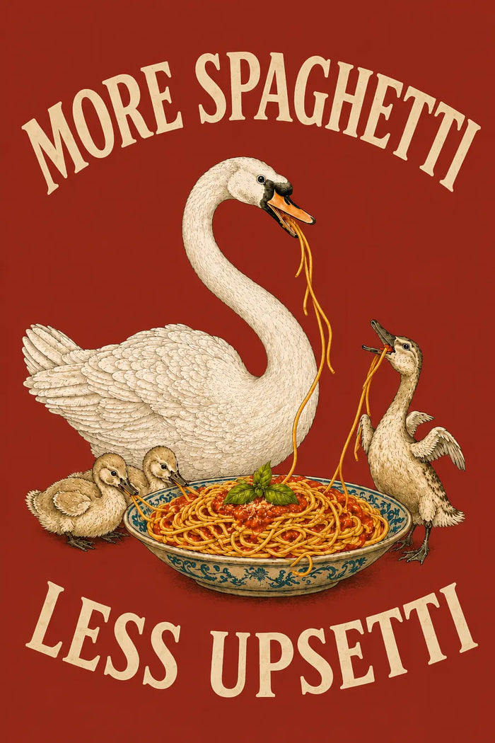 More Spaghetti Less Upsetti Canvas, Funny Duck Family Kitchen Wall Art, Bold Red Pasta Poster, Playful Dining Room Decor