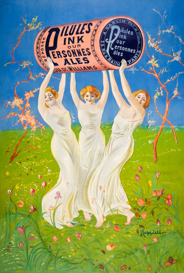 Vintage Italian Art Nouveau Poster, Pink Pills for Pale People by Leonetto Cappiello, Colorful French Pharmacy Wall Art