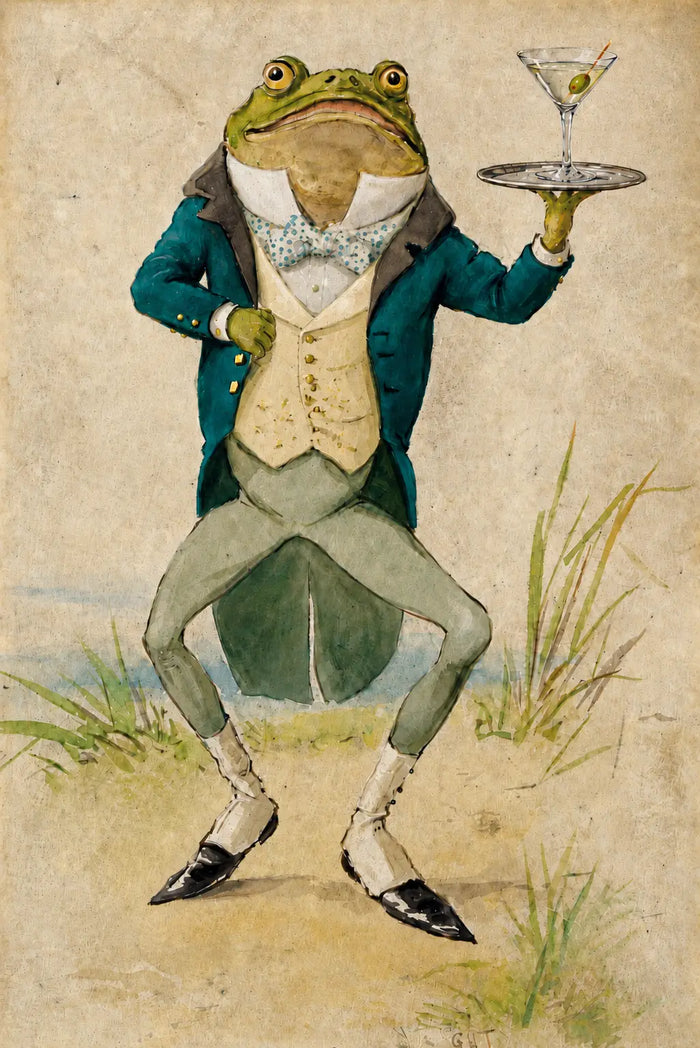 Vintage Frog Martini Wall Art, Whimsical Frog Waiter Print,Quirky Bar Cafe Pub Decor