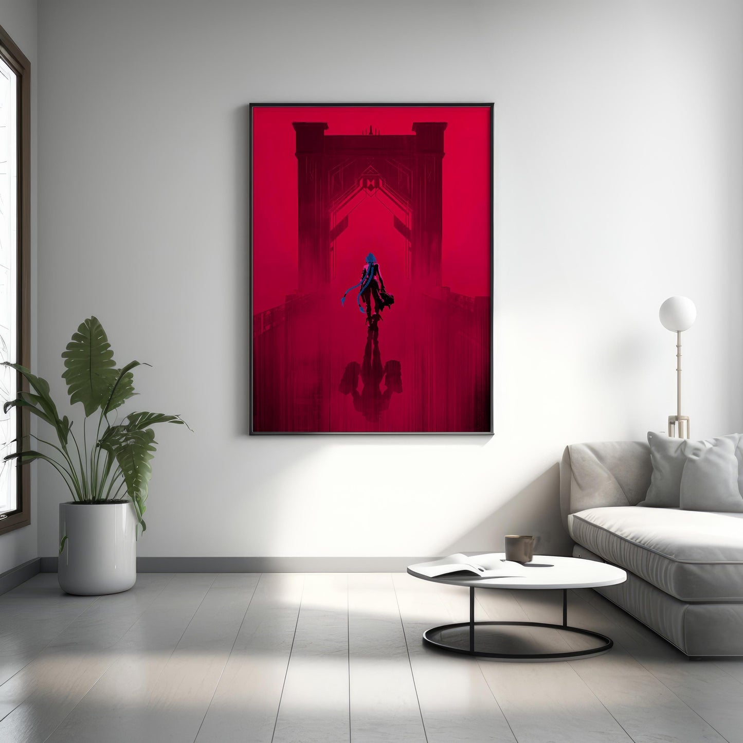 Punk-Girl-auf-Brücke-Poster | Neonrotes Cyberpunk-Wandbild