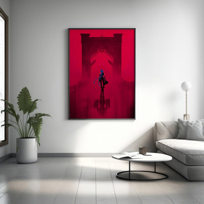 Punk-Girl-auf-Brücke-Poster | Neonrotes Cyberpunk-Wandbild