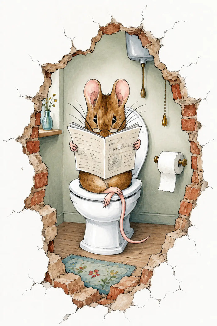 Funny Mouse Bathroom Wall Art, Reading Newspaper on Toilet Print, Whimsical Bathroom Decor, Cute Animal Canvas