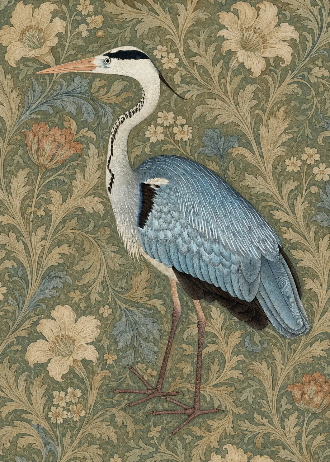 Grey Heron Wall Art, William Morris Botanical Print,
