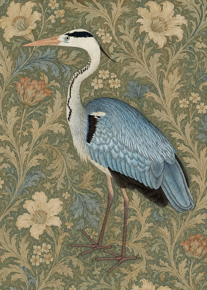 Grey Heron Wall Art, William Morris Botanical Print,