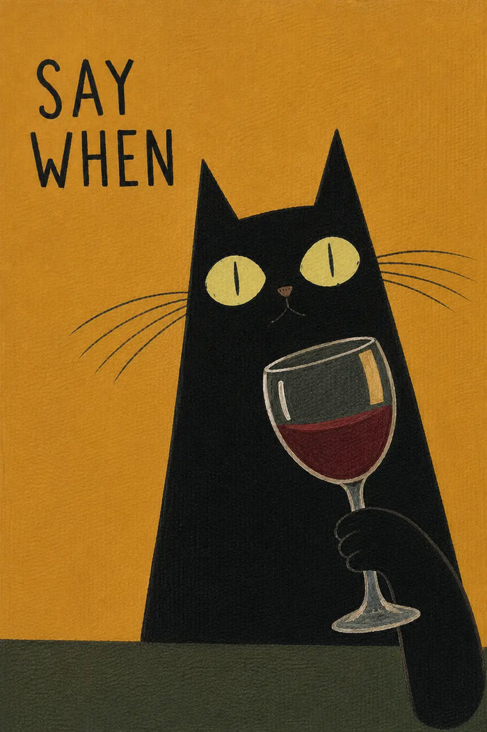Funny Black Cat Wine Wall Art, Say When Poster, Quirky Bar Cart Decor, Cat Lover Gift