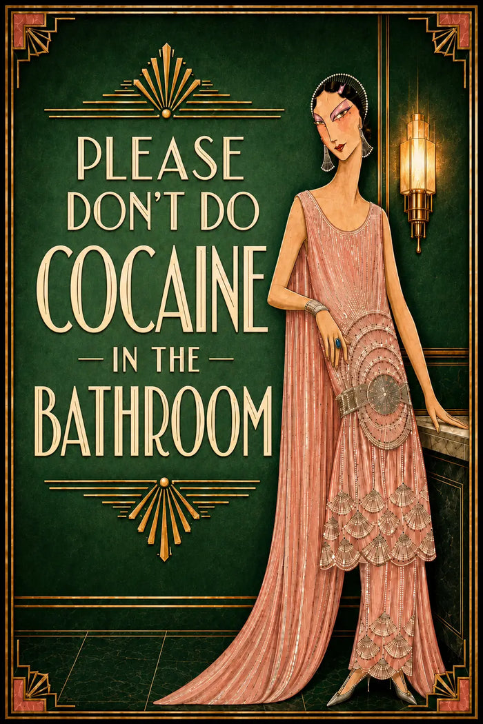 Please Don’t Do Coke in the Bathroom Art Deco Wall Art, Funny Emerald Green Bar and Powder Room Decor, Bar-Pub Wall Decor