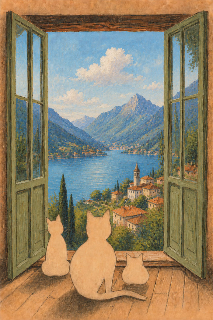 Open Window and Cats Henri Matisse Print, Henri Matisse Style Fauvism Painting, Patio Doors Italy Mediterranean, Lake Como