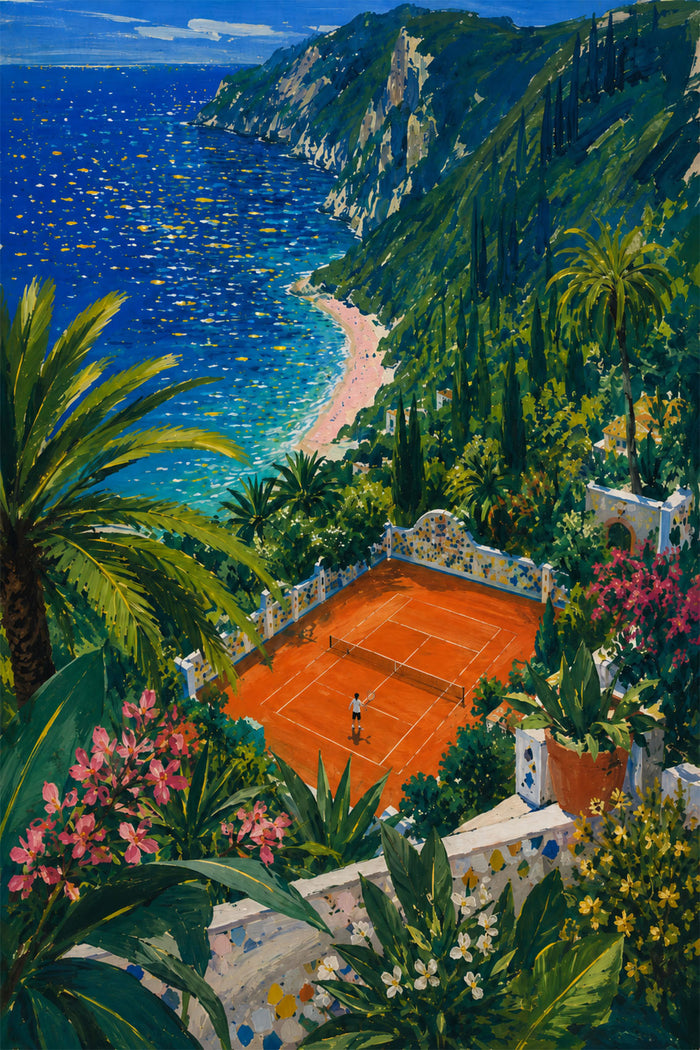 Mediterranean Tennis Court Wall Art, Coastal Landscape Canvas, Colorful Seaside Painting, Amalfi Style Decor
