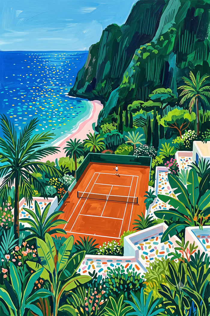 Mediterranean Tennis Court Wall Art, Coastal Landscape Canvas, Colorful Seaside Painting, Amalfi Style Decor
