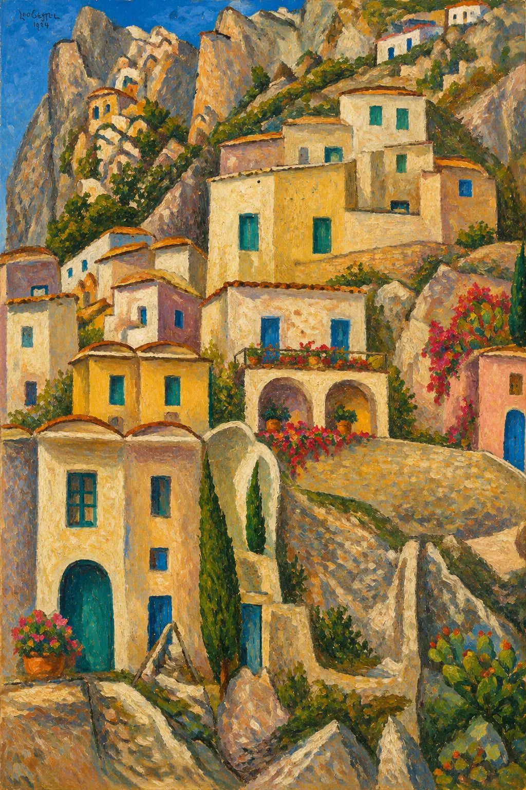 Italian Cliffside Village Print Inspired by Leo Gestel’s Huizen op berghelling (1924),Mediterranean Landscape Print