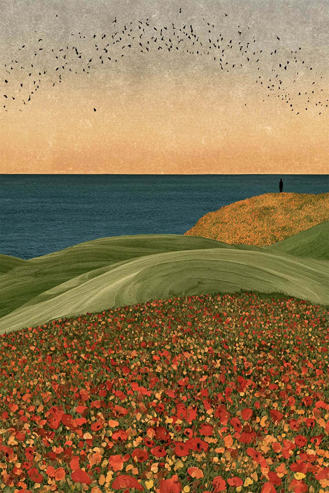 Solitary Horizon Canvas Wall Art, Red Poppy Field Ocean View Print, Minimalist Coast Nature Poster,Coastal Landscape Canvas Print