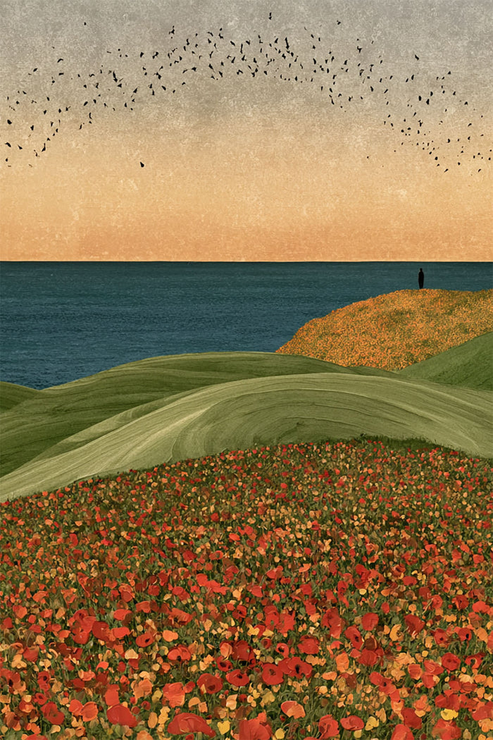 Solitary Horizon Canvas Wall Art, Red Poppy Field Ocean View Print, Minimalist Coast Nature Poster,Coastal Landscape Canvas Print