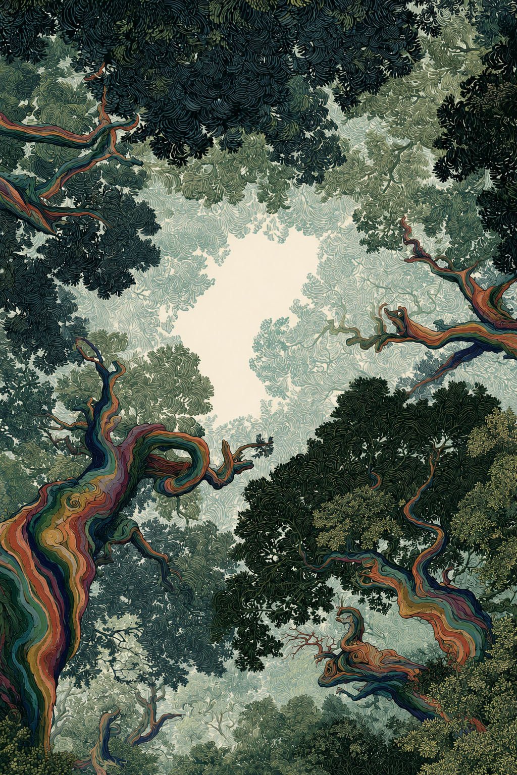 Rainbow Forest Wall Art, Colorful Tree Canopy Print