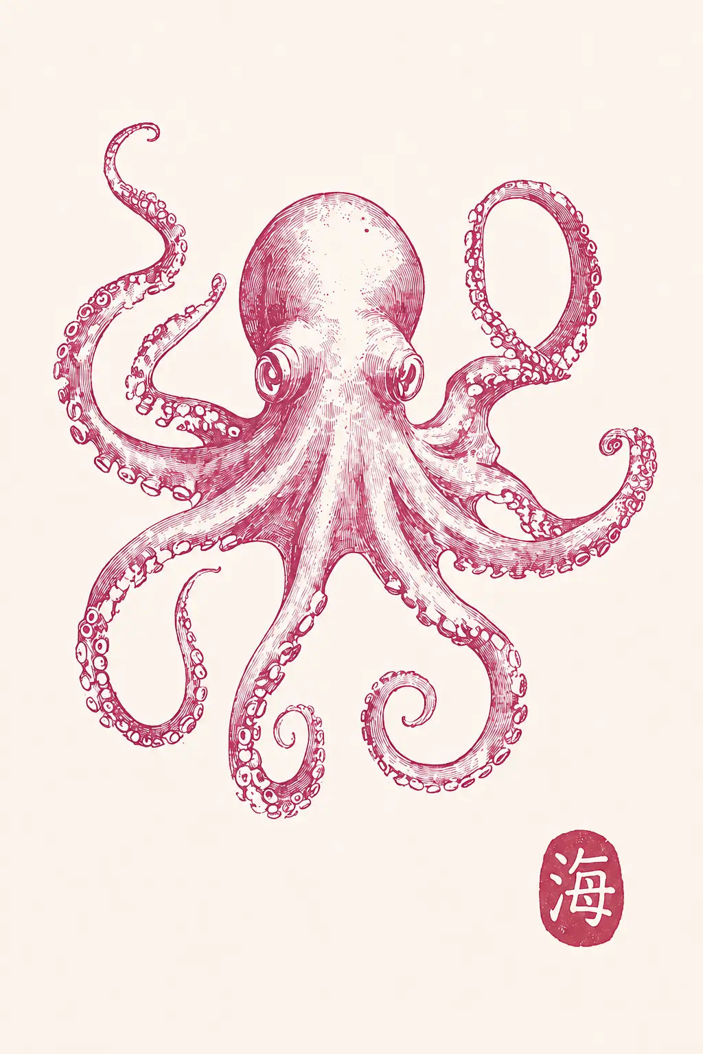 Pink Octopus Wall Art, Japanese Sea Life Canvas, Coastal Nautical Decor