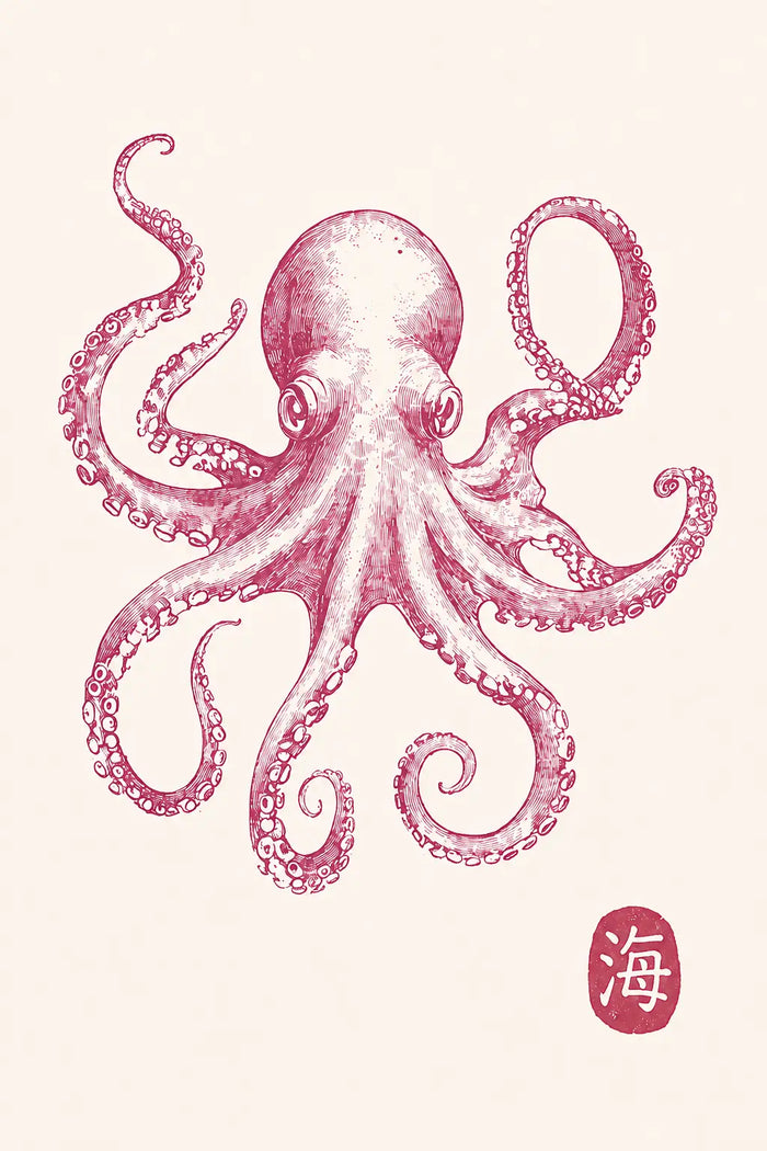 Pink Octopus Wall Art, Japanese Sea Life Canvas, Coastal Nautical Decor