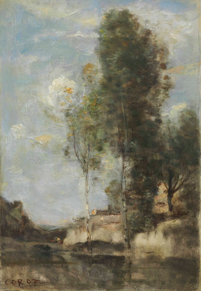Jean-Baptiste-Camille Corot, Rustic Landscape. Vintage French Country