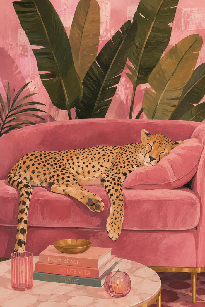 Sleeping Cheetah Wall Art, Pink Tropical Living Room Canvas, Luxury Pink Print