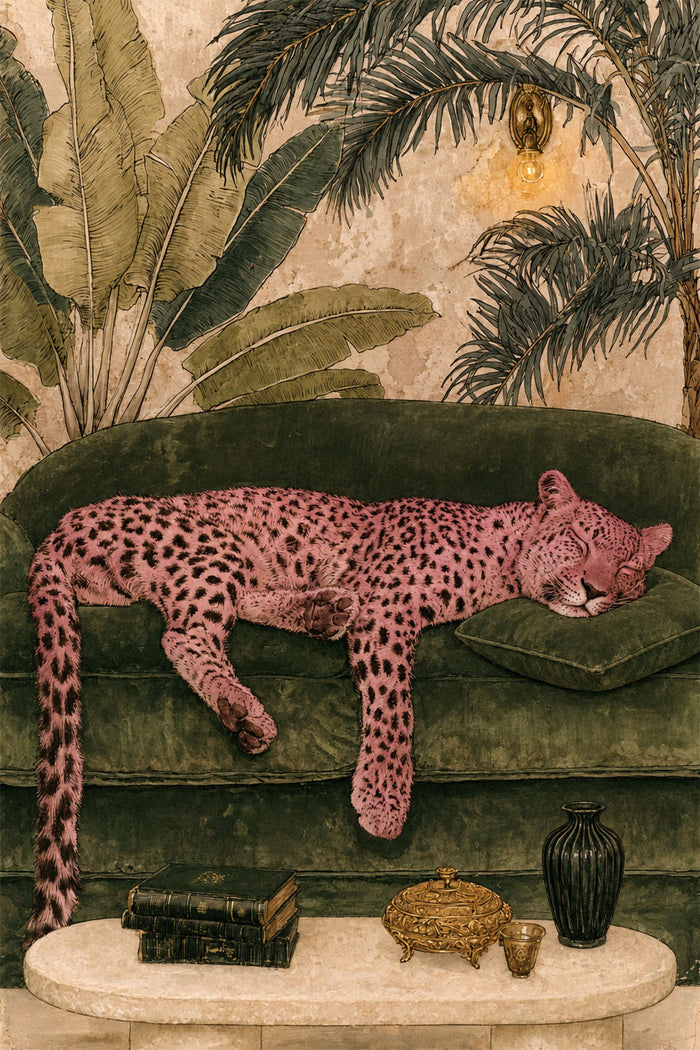 Pink Leopard Wall Art, Luxury Tropical Jungle Decor, Maximalist Animal Print
